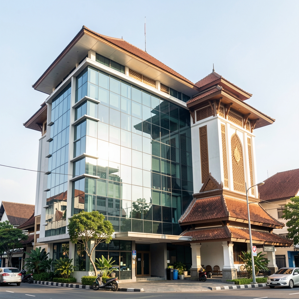 Bright morning view of a Jakarta building with modern glass and traditional elements