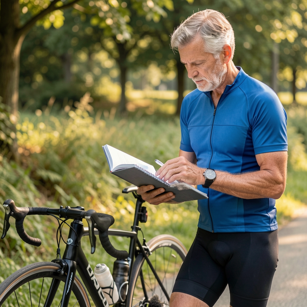 Mature male cyclist reviewing a training notebook beside a road bike