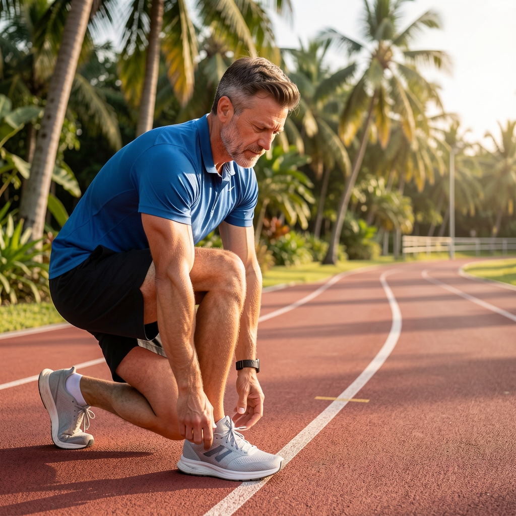 Man over 35 stretching calves beside a quiet tropical running track