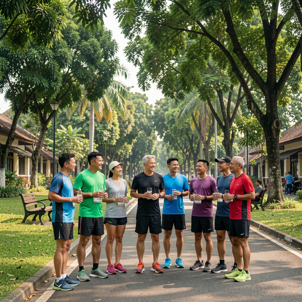 Small group of mature runners gathering beside a leafy Jakarta community park