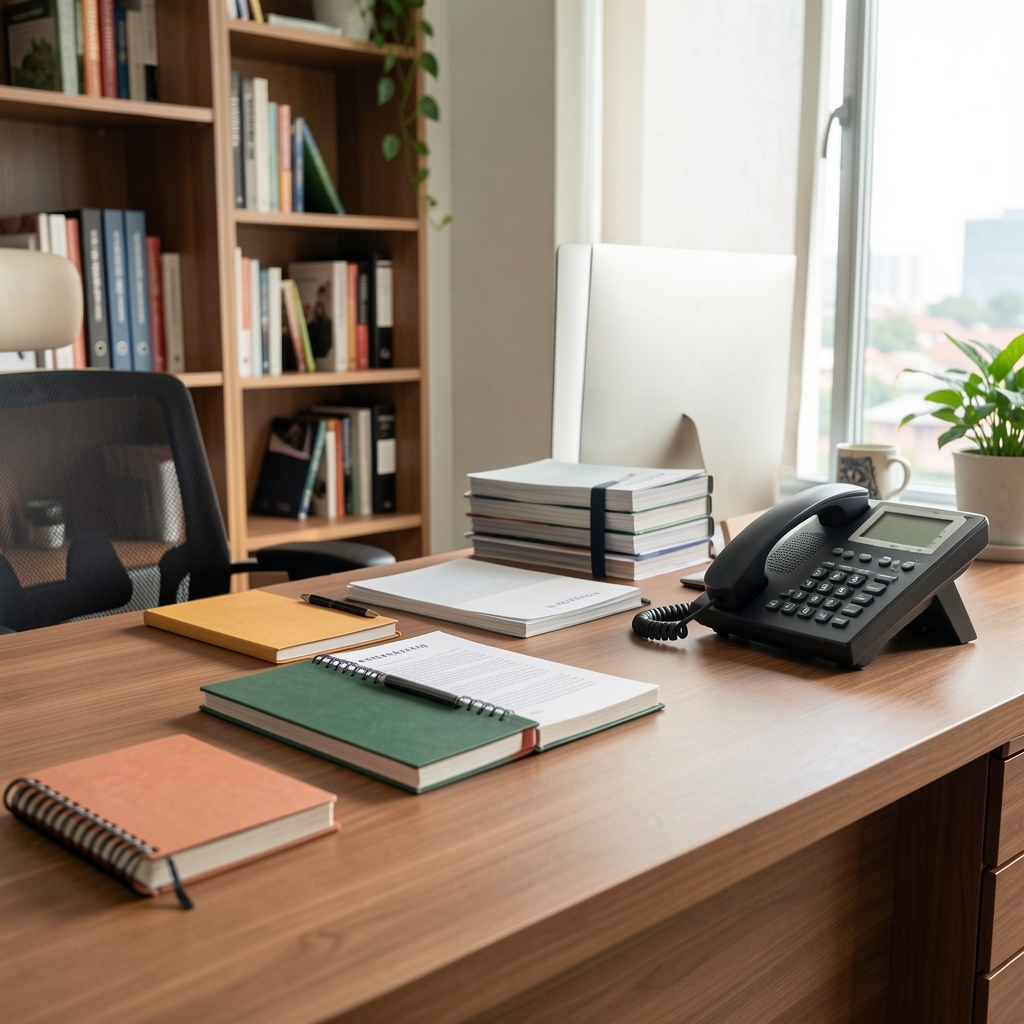 Quiet Halcyon editorial office in Jakarta with notebooks and a telephone
