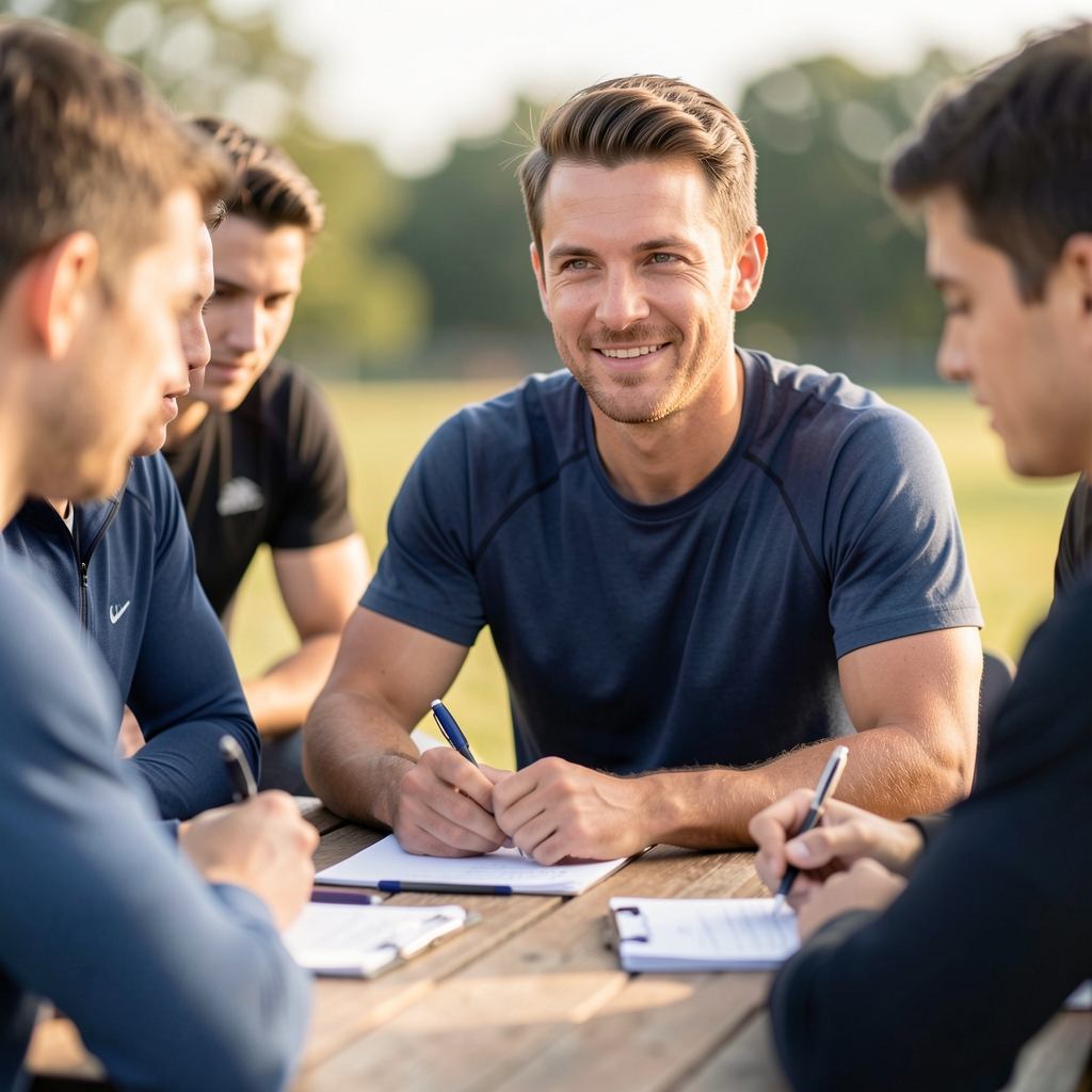 Editorial team reviewing athletic physiology notes around a wooden table