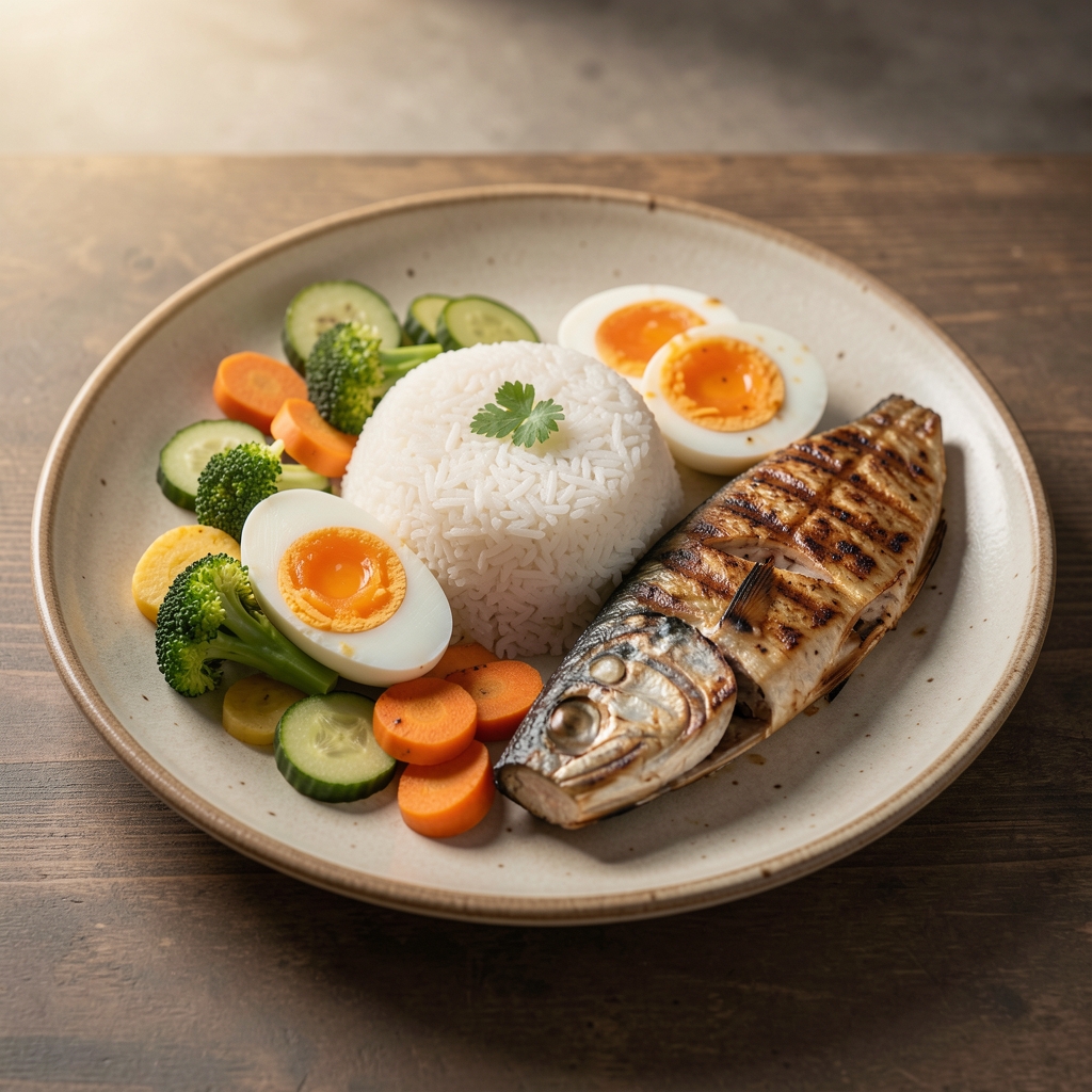 Balanced Indonesian-inspired meal with rice vegetables eggs and grilled fish on a ceramic plate