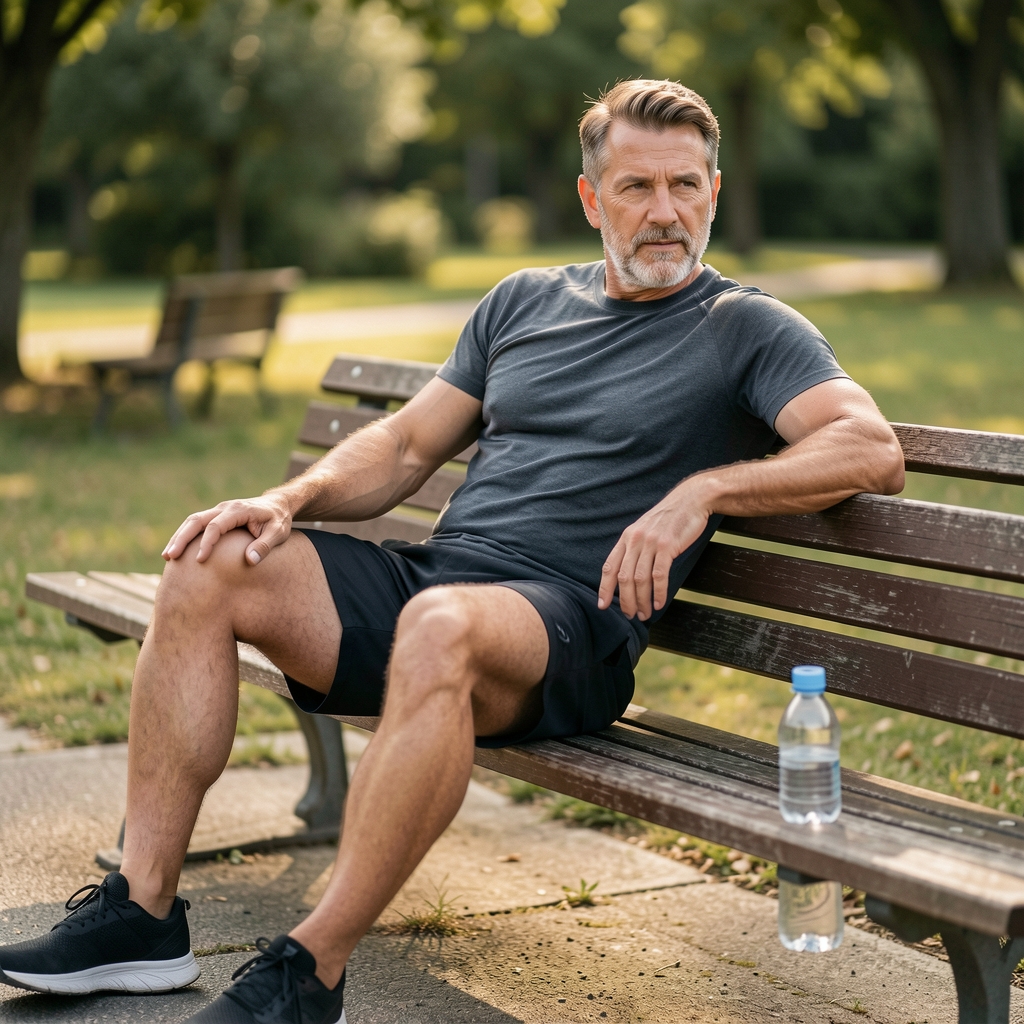 Man over 35 resting after exercise beside a wooden bench and a water bottle