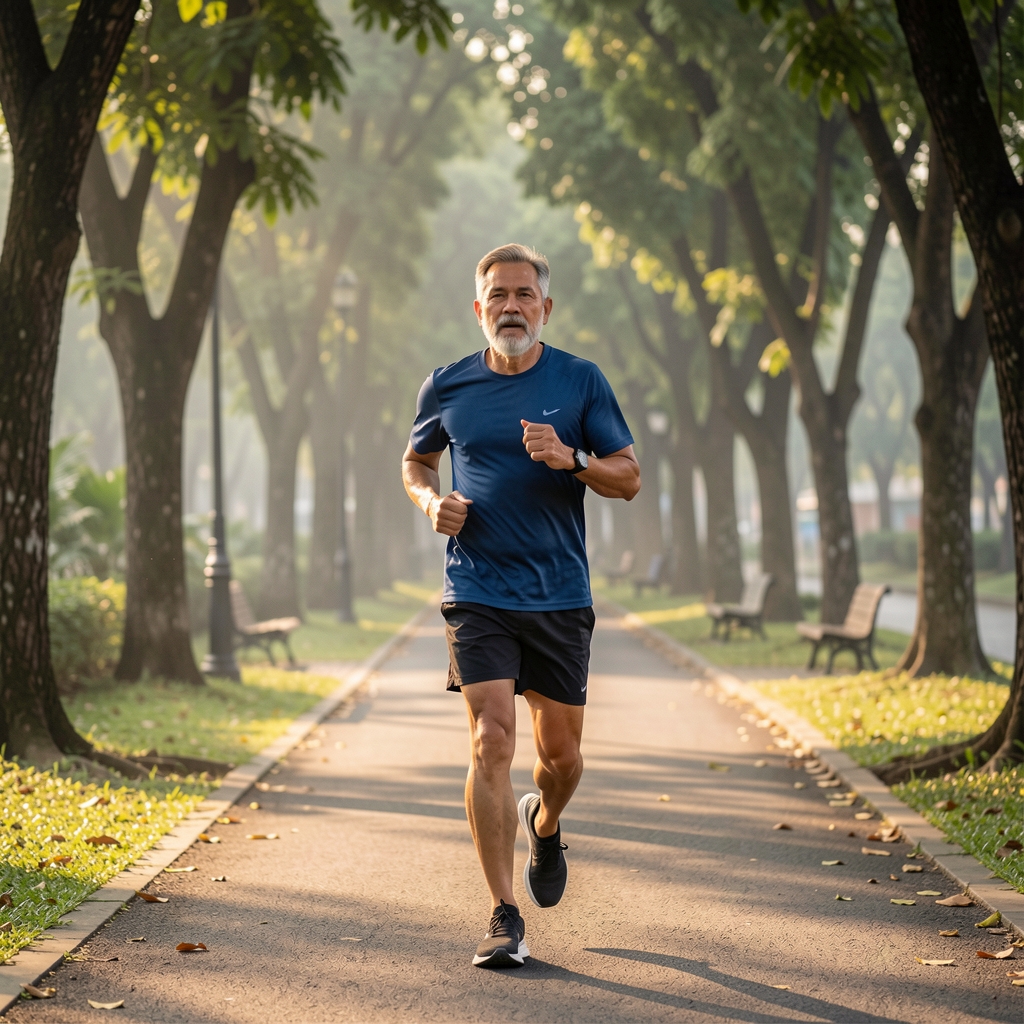 Mature male runner following a shaded Jakarta park path at early morning
