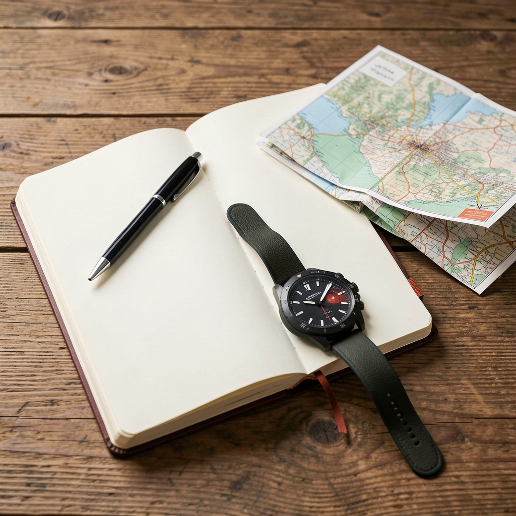 Open field journal with a pen, running watch, and folded map on a wooden table