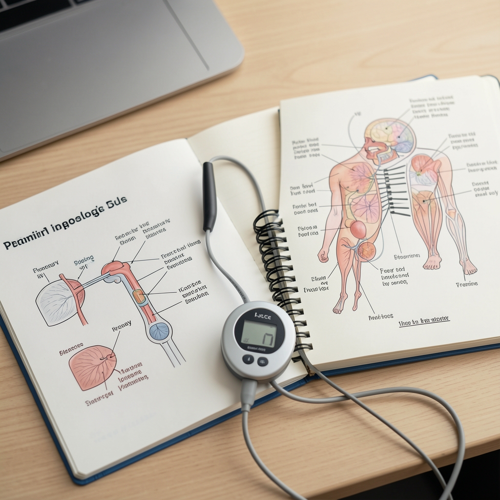 Annotated physiology chart beside a pulse sensor and training notebook