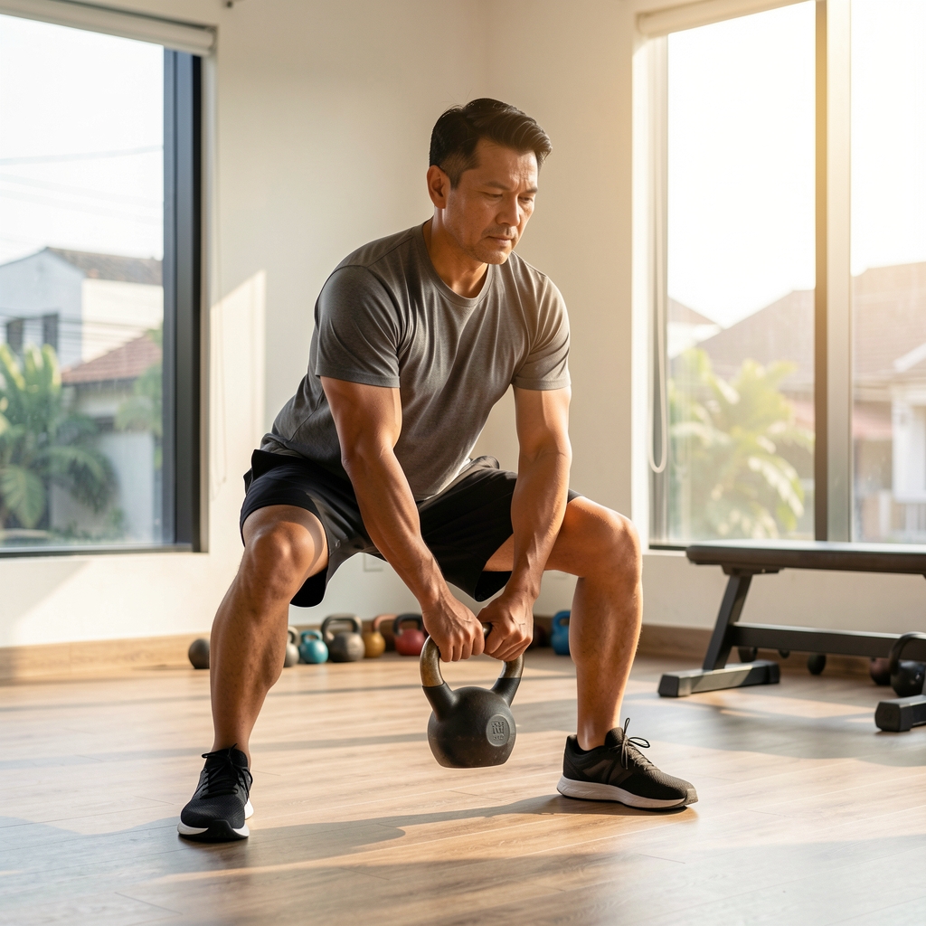 Man over 35 demonstrating controlled kettlebell training in a sunlit Jakarta studio
