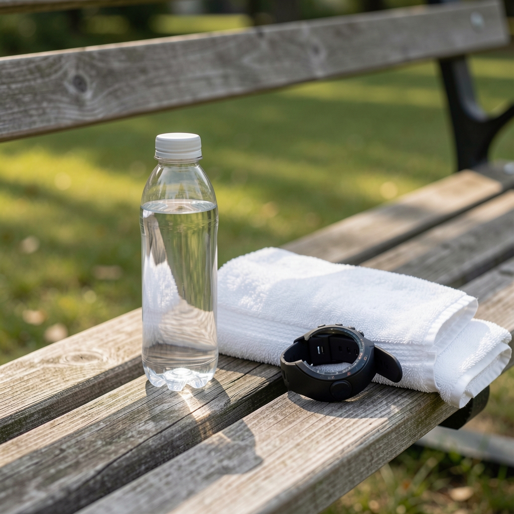 Clear water bottle beside a towel and running watch on a shaded training bench