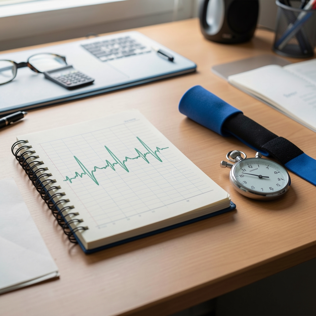 Notebook with a heart-rate graph beside a stopwatch and resistance band on a research desk