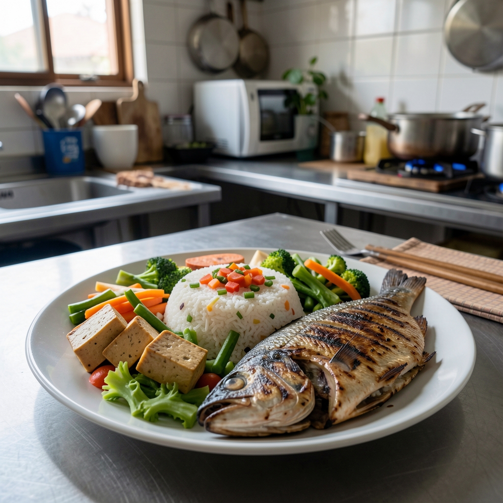 Colorful balanced meal of rice vegetables tofu and grilled fish prepared in a Jakarta kitchen