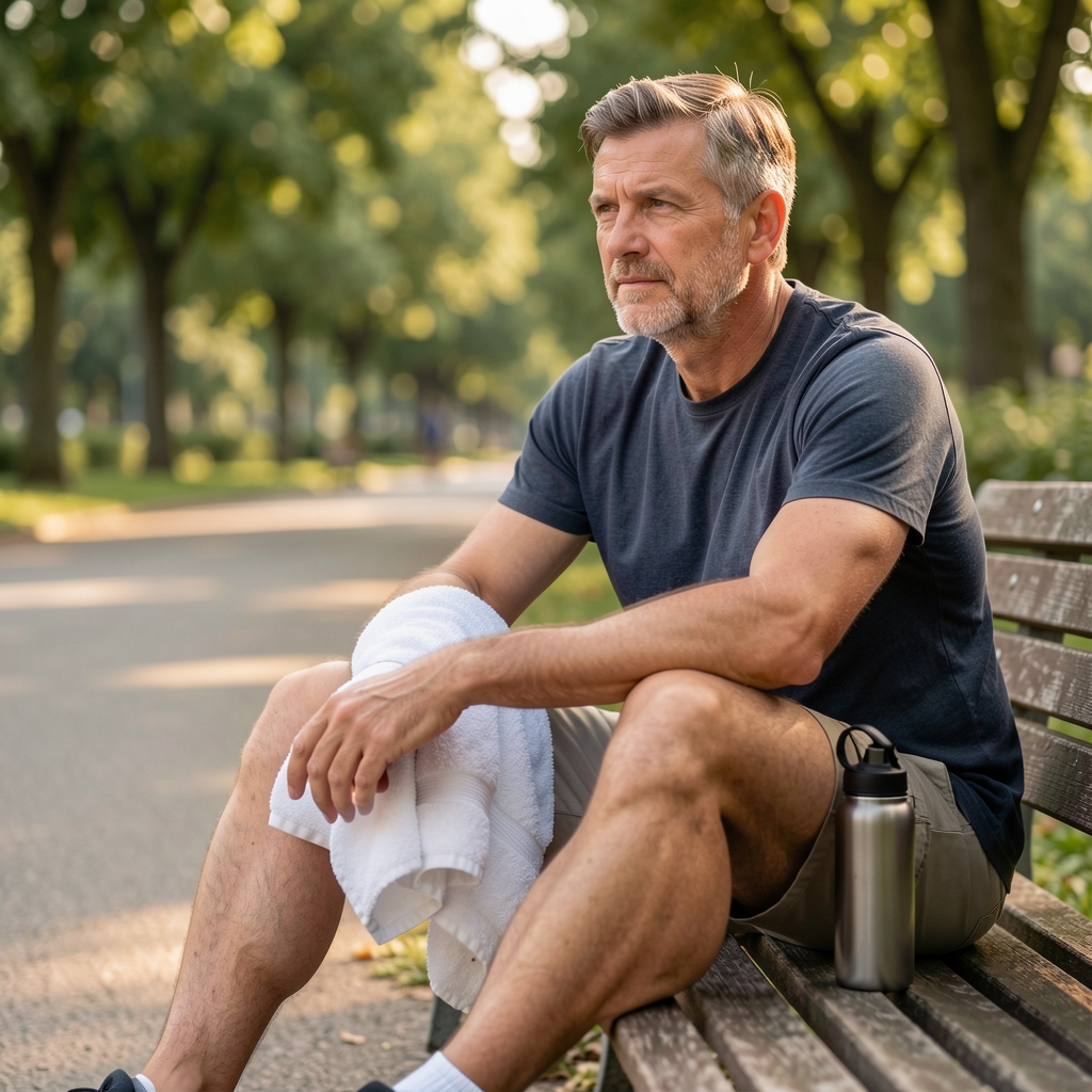 Man over 35 sitting quietly after a walk with a towel and water bottle