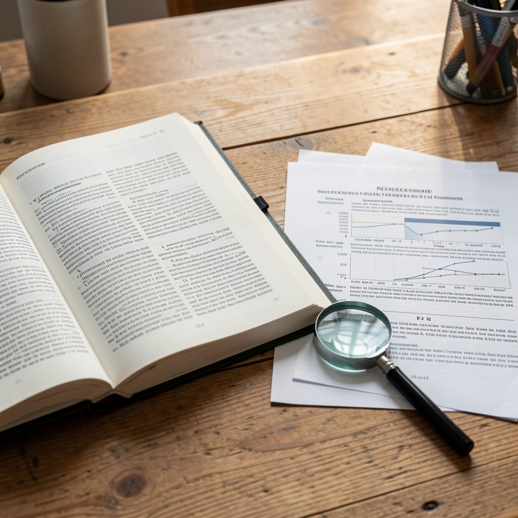 Open physiology textbook beside printed research papers and a magnifying glass on a wooden desk