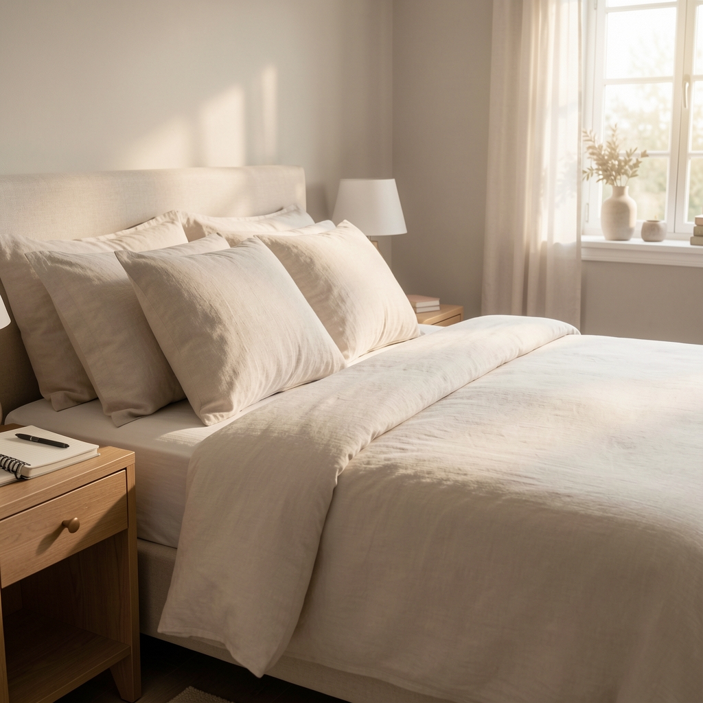 Calm bedroom with linen bedding soft morning light and a notebook on the bedside table
