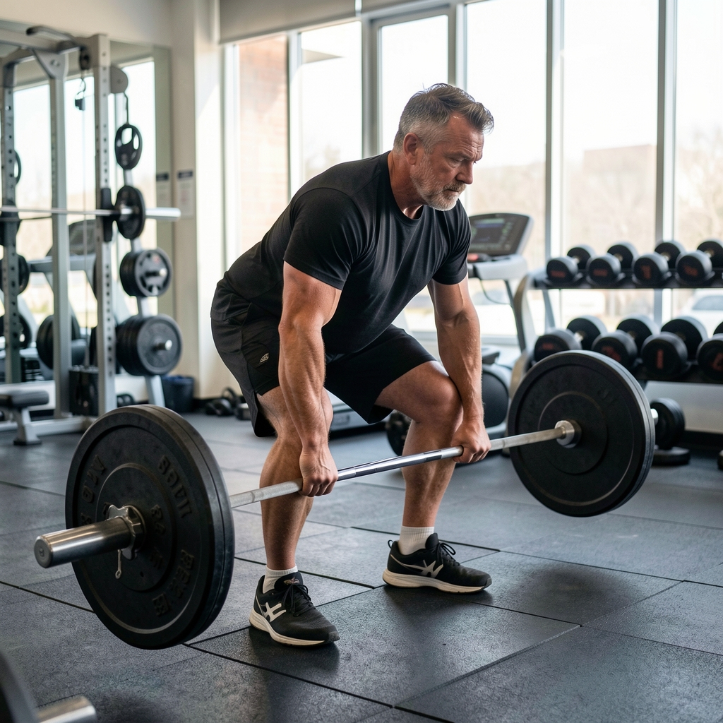 Man over 35 performing a controlled barbell deadlift with focused form in a gym