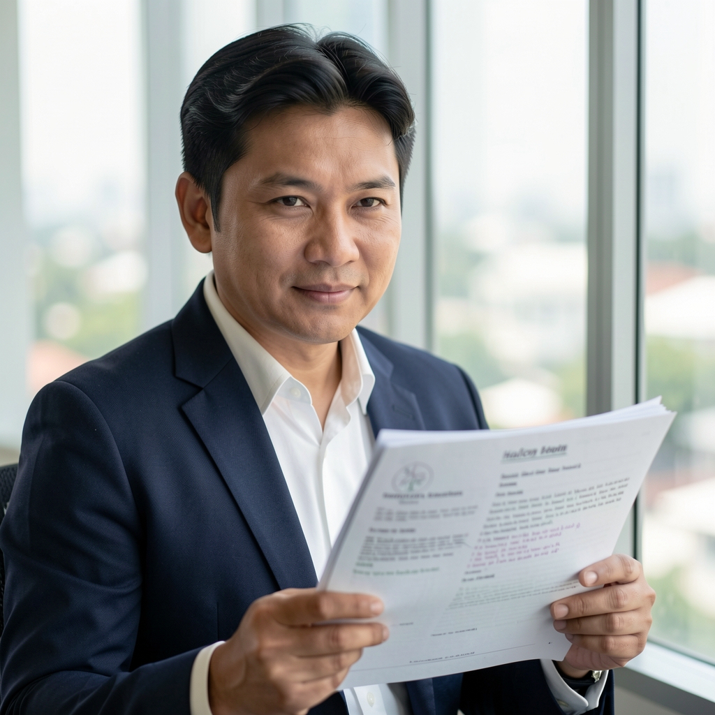 Halcyon editor reviewing marked-up physiology pages beside a window in Jakarta