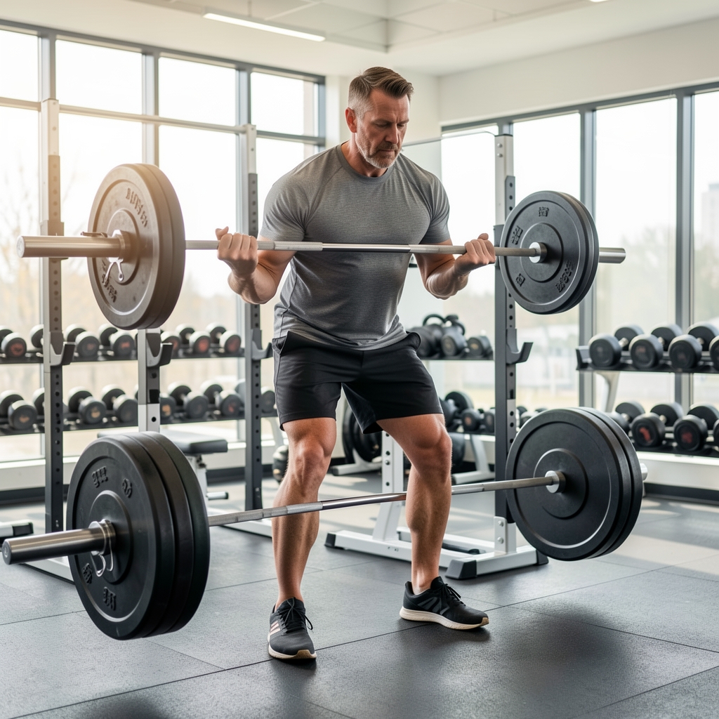 Man over 35 completing controlled barbell strength work in a bright training room
